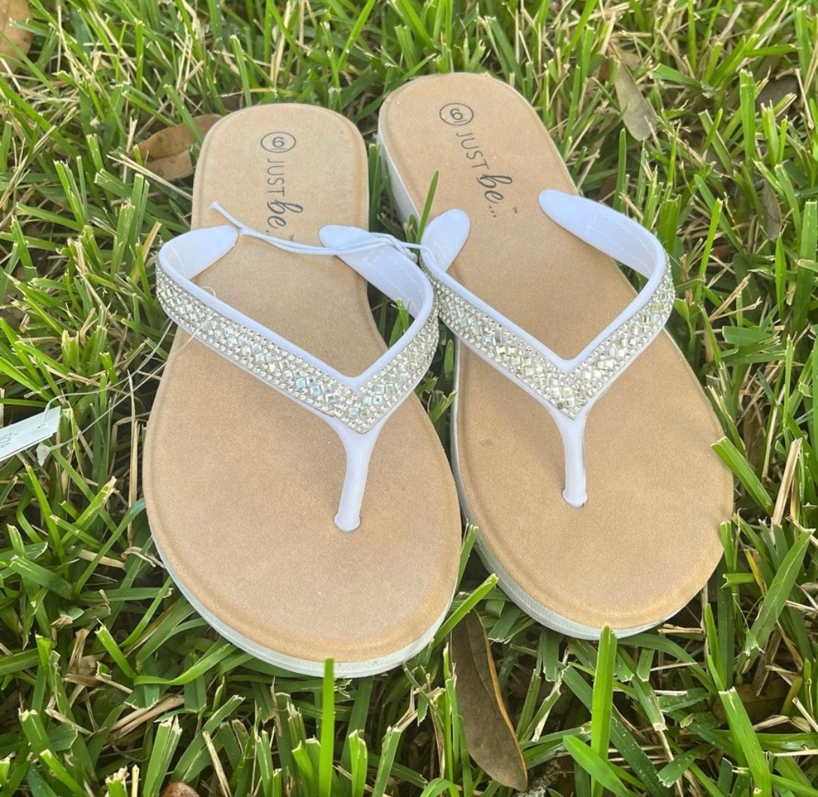 White Rhinestone Flip Flops