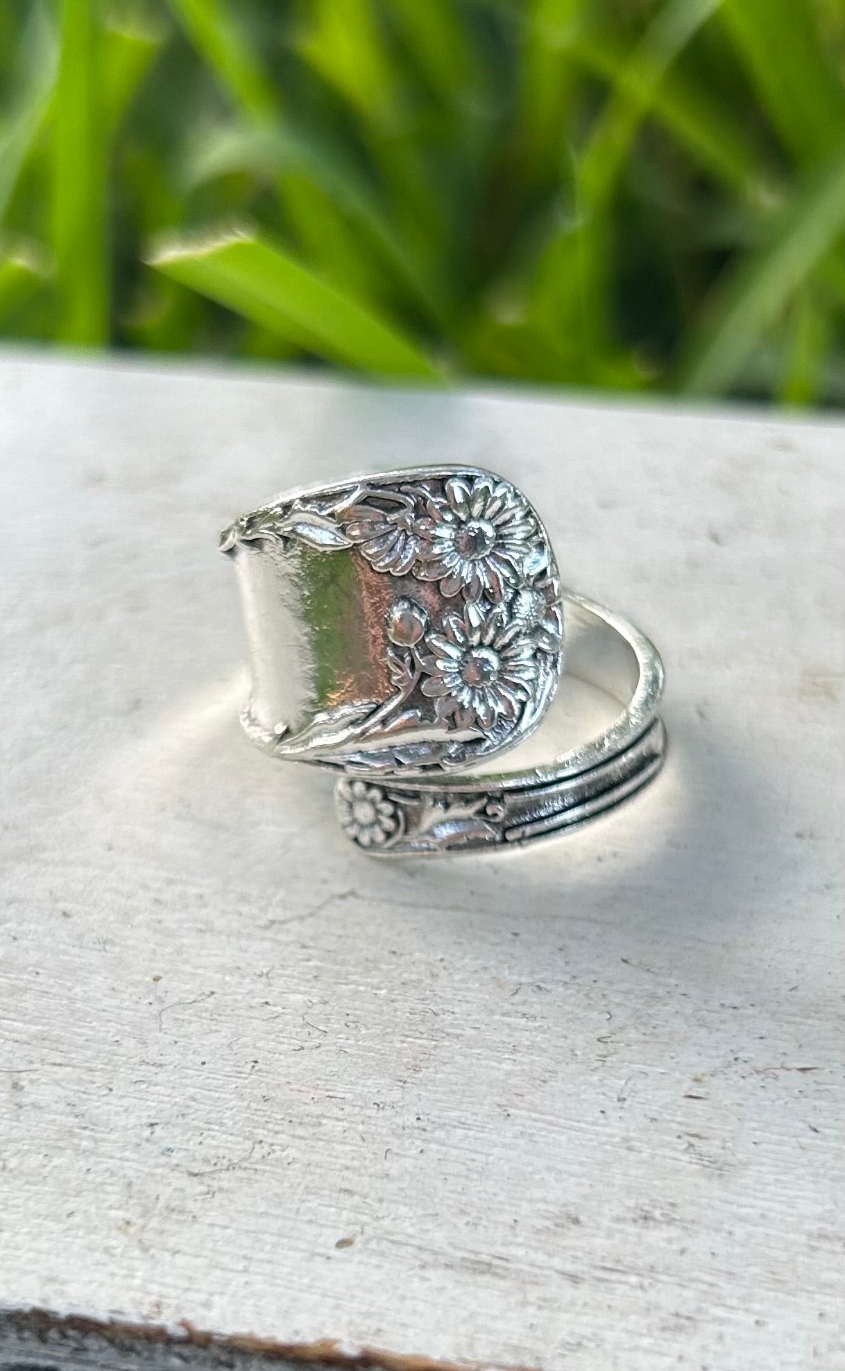 Silver Filled Spoon Ring with Sunflower Pattern