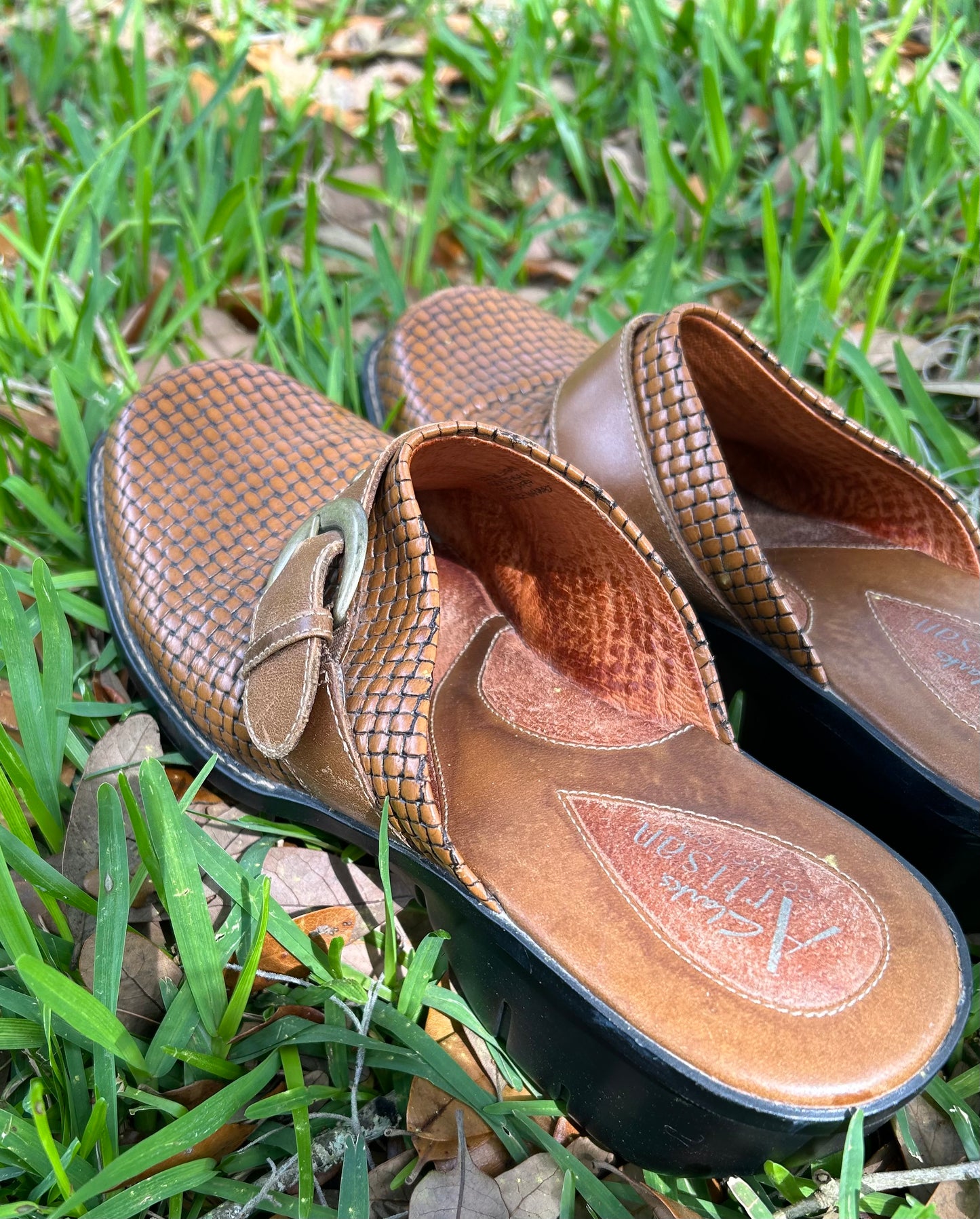 Clarks Artisan Tan Woven Leather Mules with Buckle