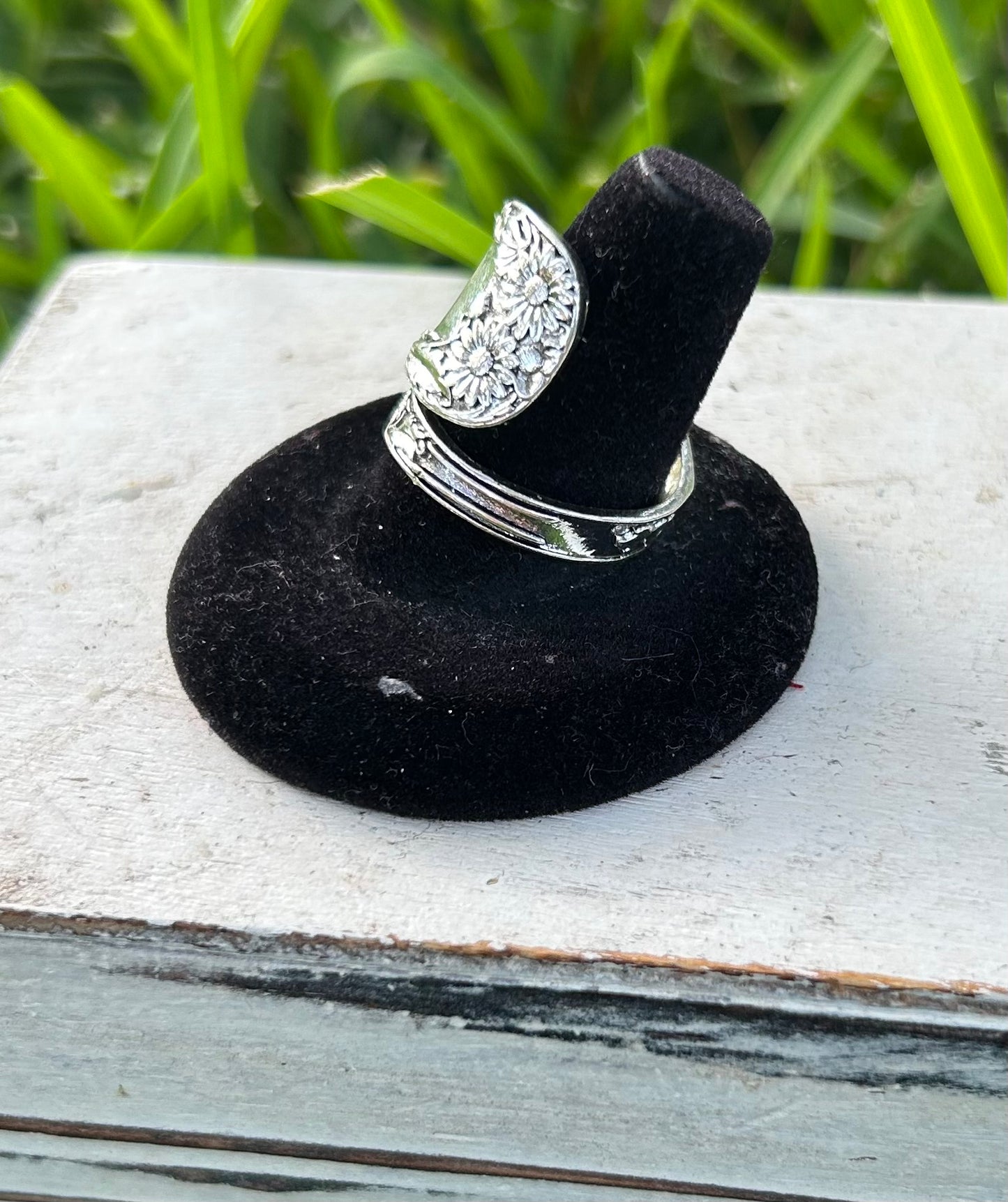 Silver Filled Spoon Ring with Sunflower Pattern