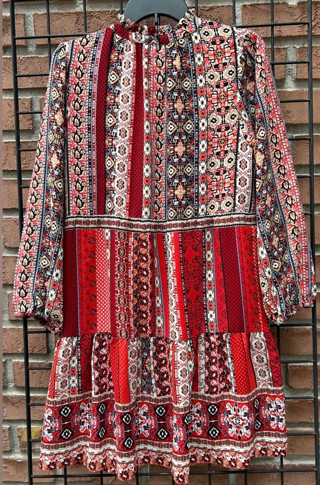 LOFT Red Multi-Pattern Boho Long Sleeve Dress