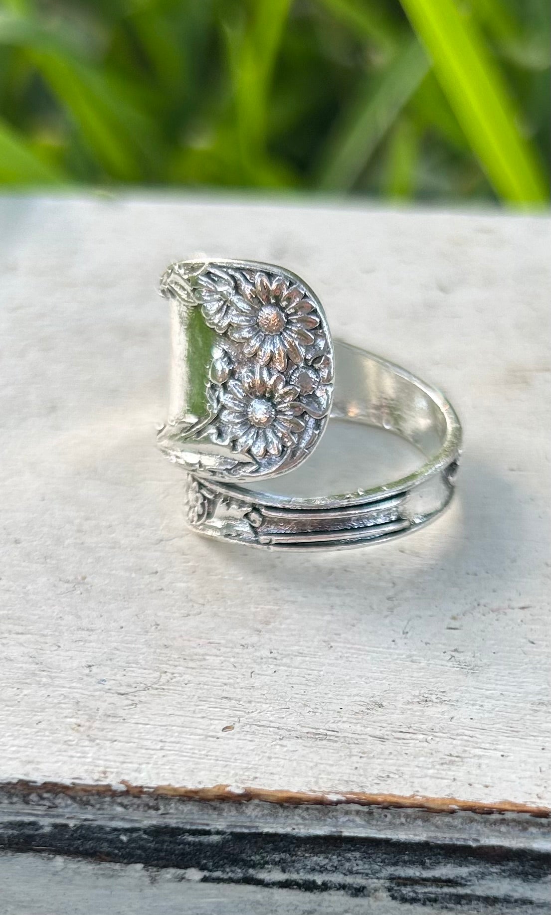 Silver Filled Spoon Ring with Sunflower Pattern