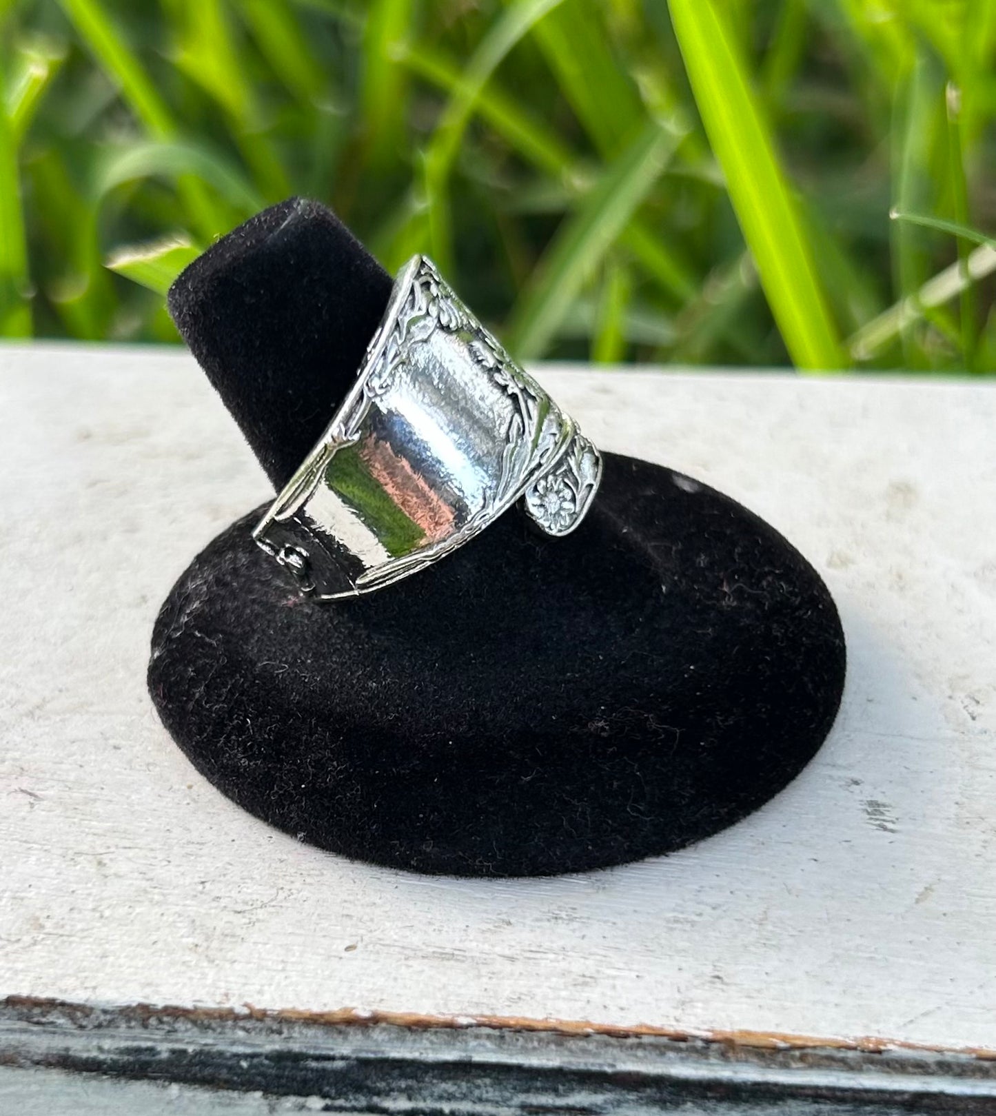 Silver Filled Spoon Ring with Sunflower Pattern
