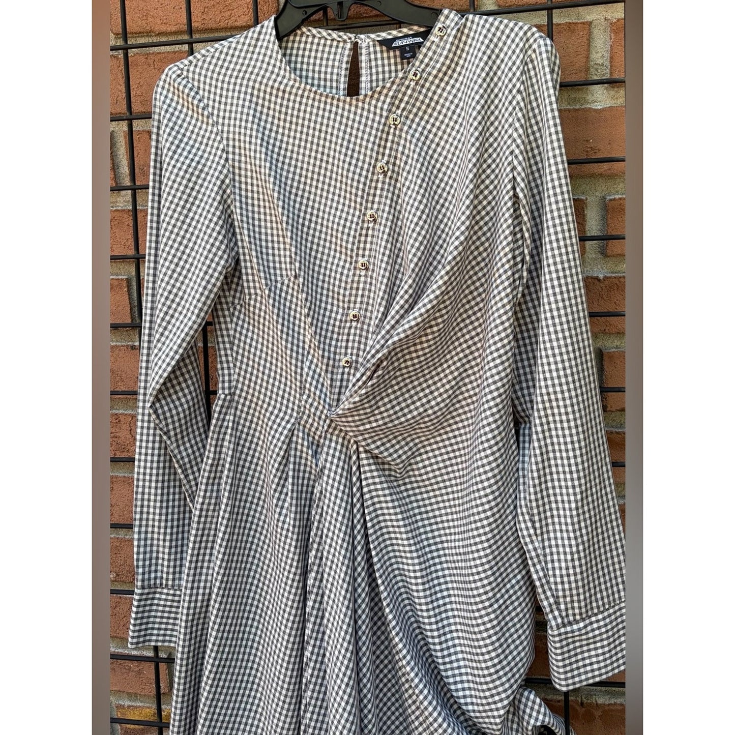 project RUNWAY Black and White Gingham Twist-Front Long Sleeve Dress