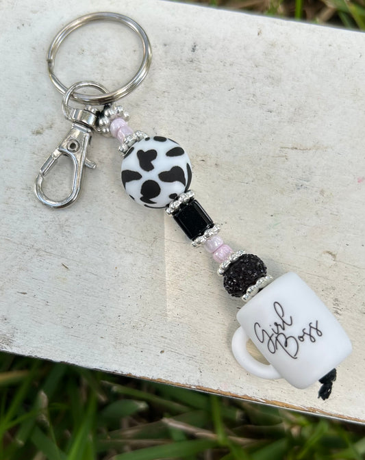 Cow Print Beaded Girl Boss' Keychain/Purse Charm