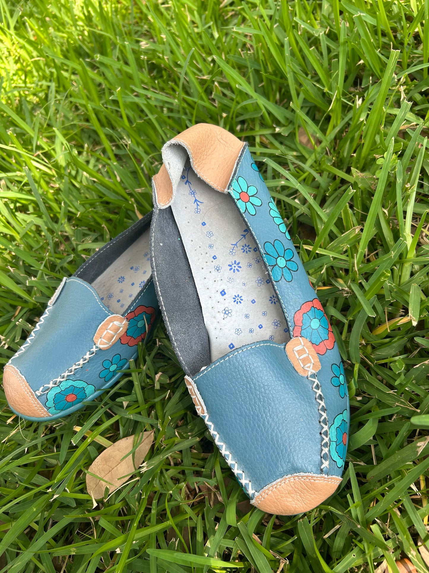 Teal and Tan Floral Slip-On Leather Loafers