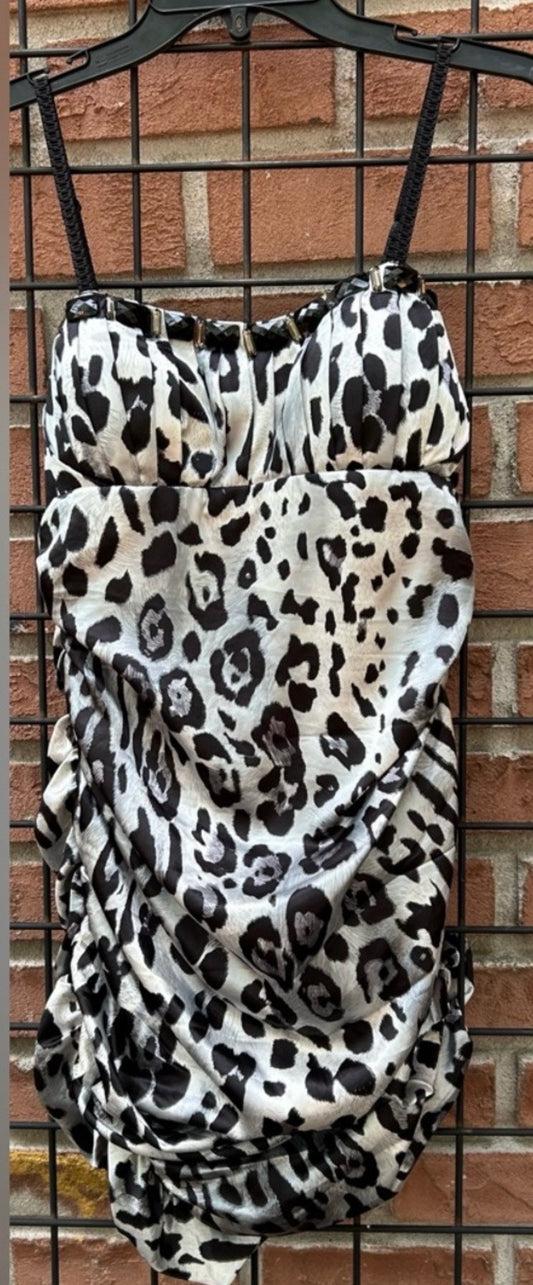 Dots Black and White Leopard Print Ruched Slip Dress