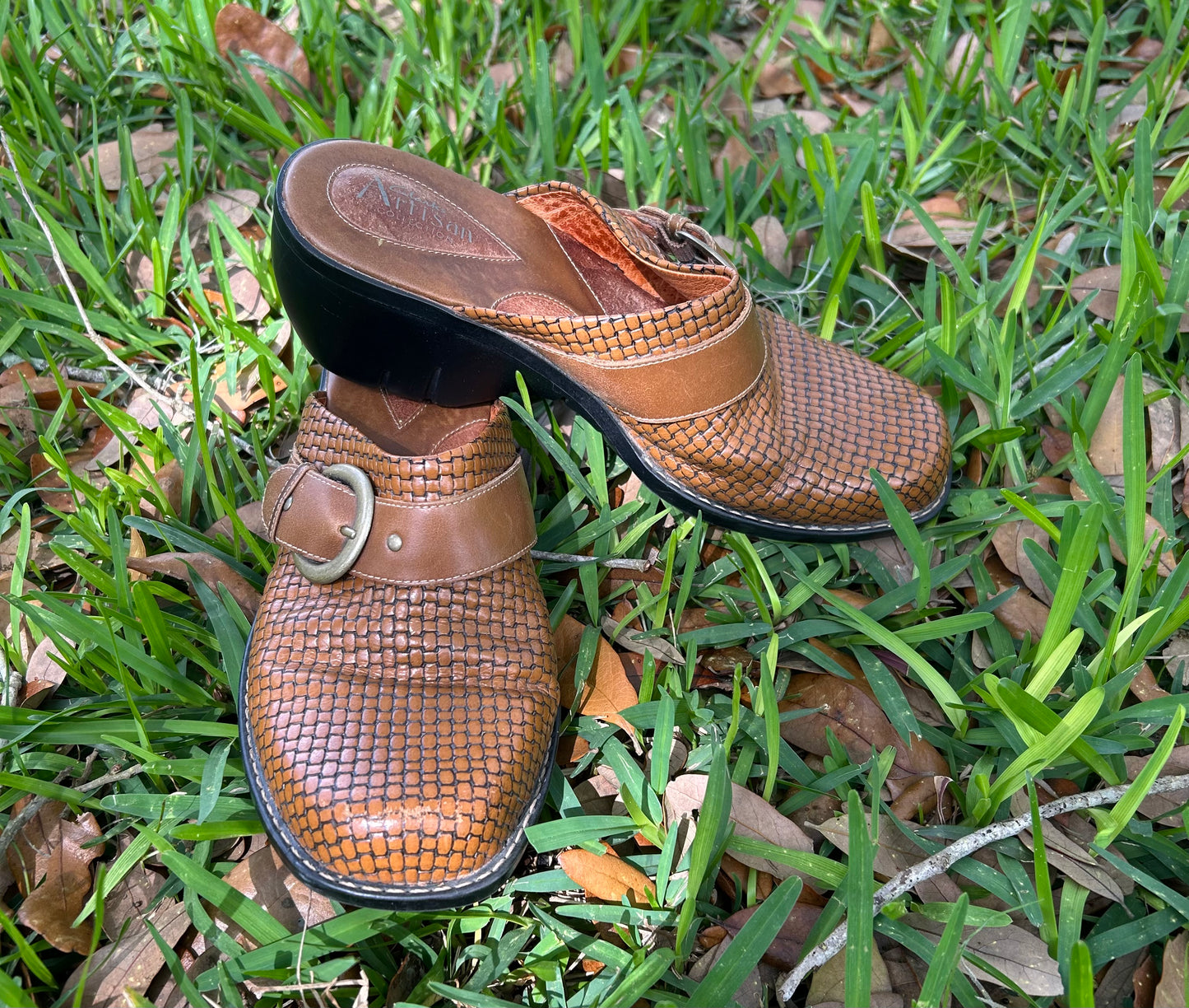 Clarks Artisan Tan Woven Leather Mules with Buckle