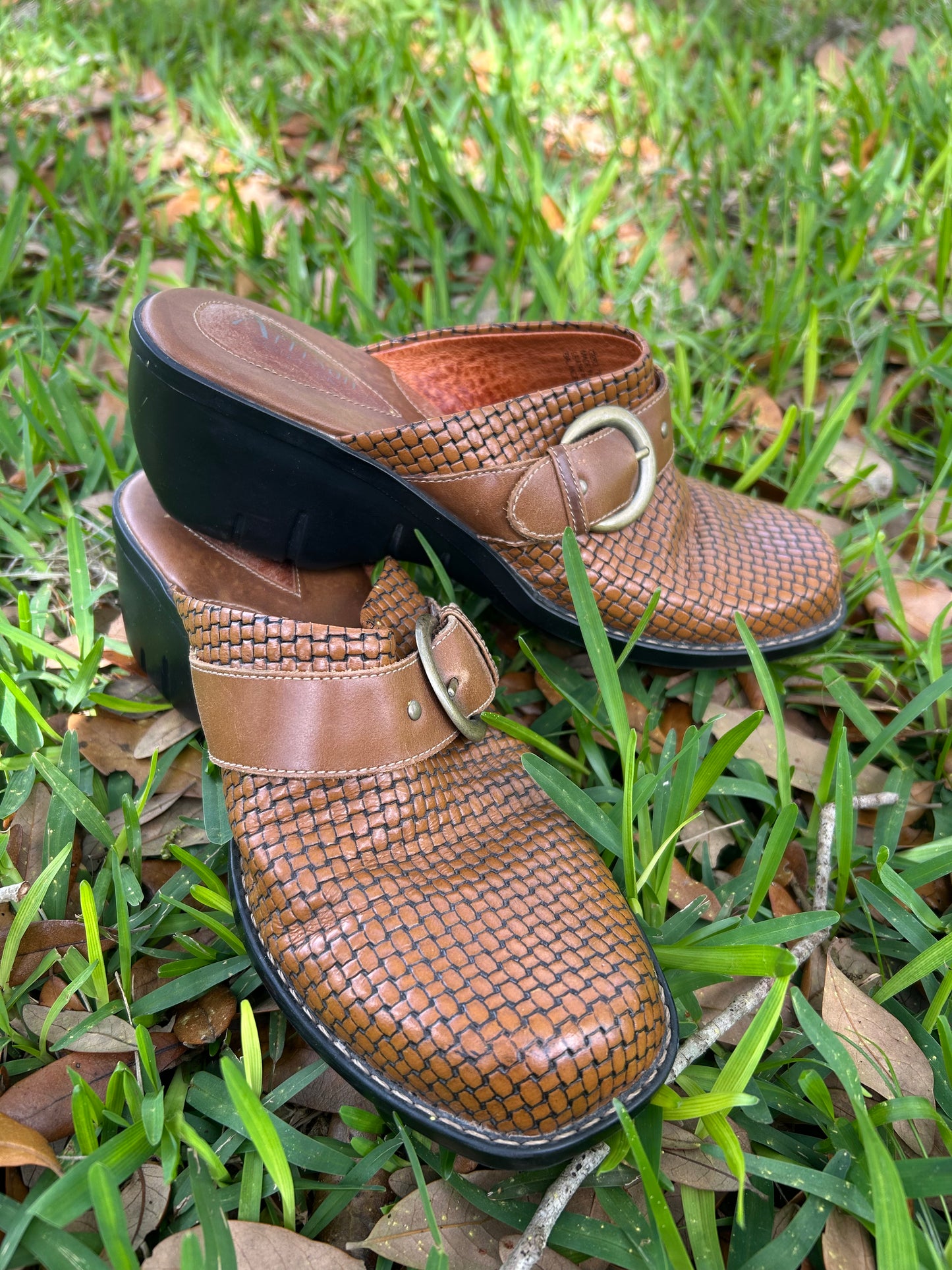 Clarks Artisan Tan Woven Leather Mules with Buckle