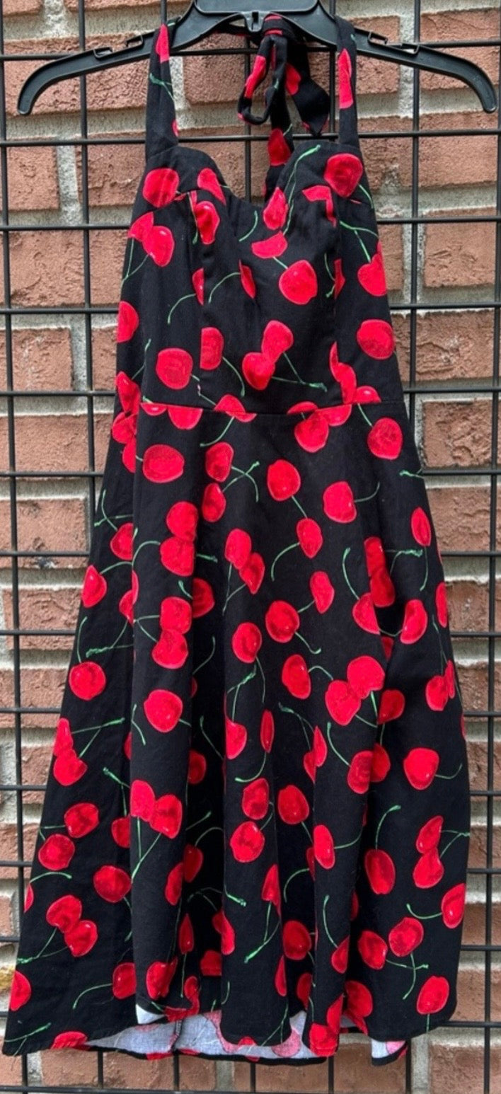 Topdress Black Halter Dress with Red Cherry Print