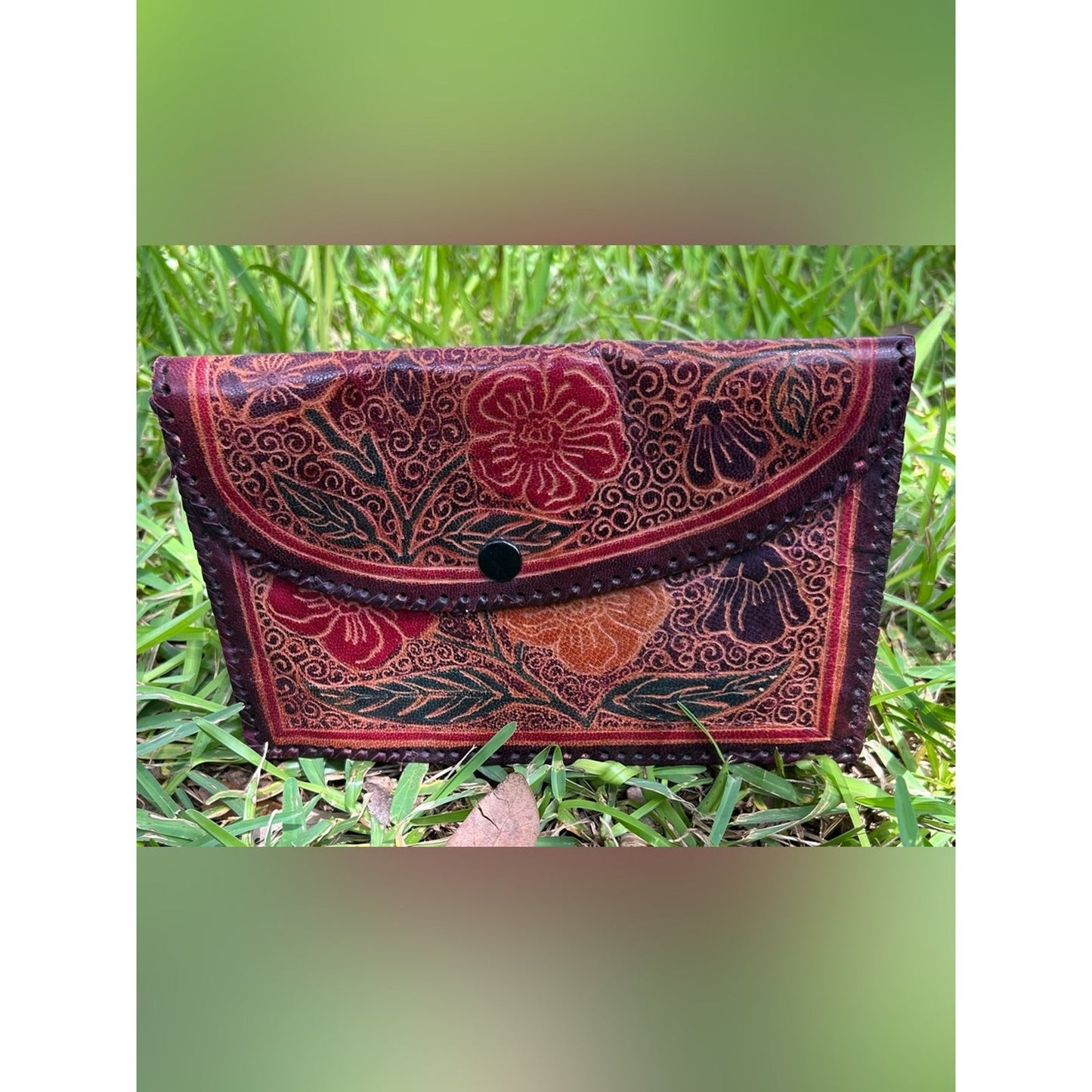Vintage Handcrafted Leather Tooled Floral Envelope Leather Clutch - Red & Brown