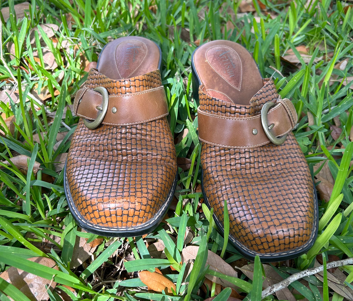 Clarks Artisan Tan Woven Leather Mules with Buckle
