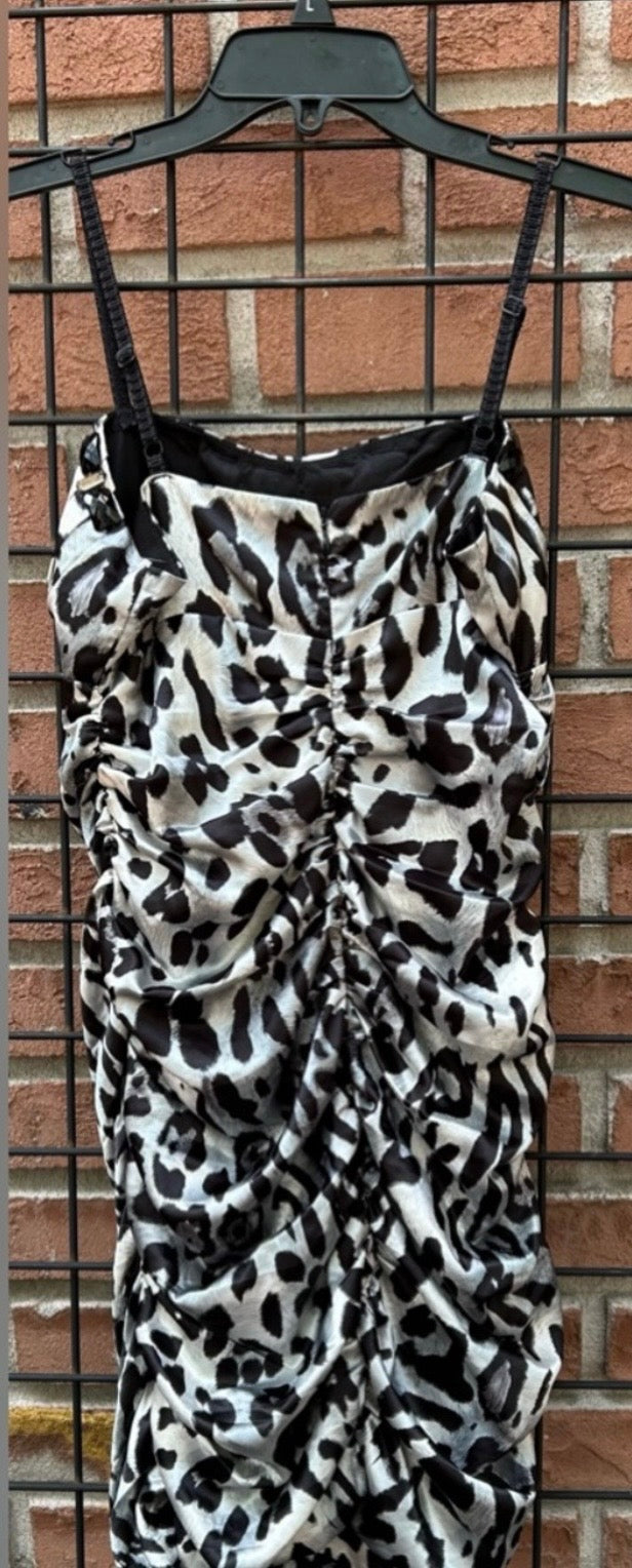 Dots Black and White Leopard Print Ruched Slip Dress
