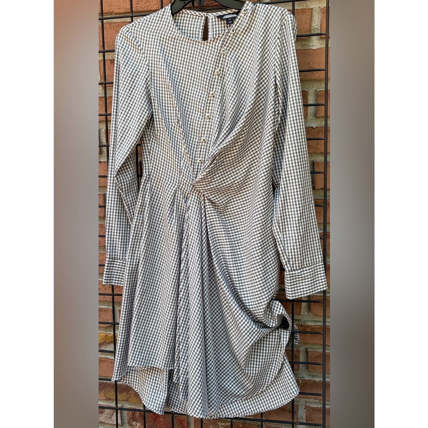 project RUNWAY Black and White Gingham Twist-Front Long Sleeve Dress