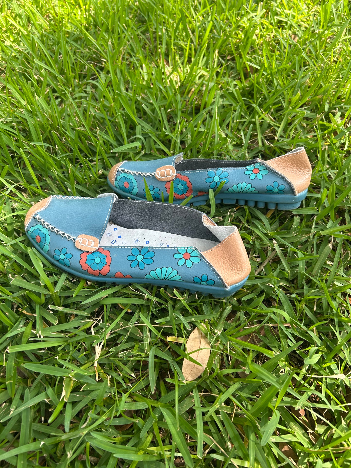 Teal and Tan Floral Slip-On Leather Loafers
