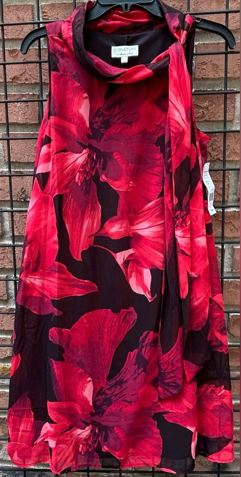Signature by Robbie Bee Red and Black Floral Sleeve Less Dress