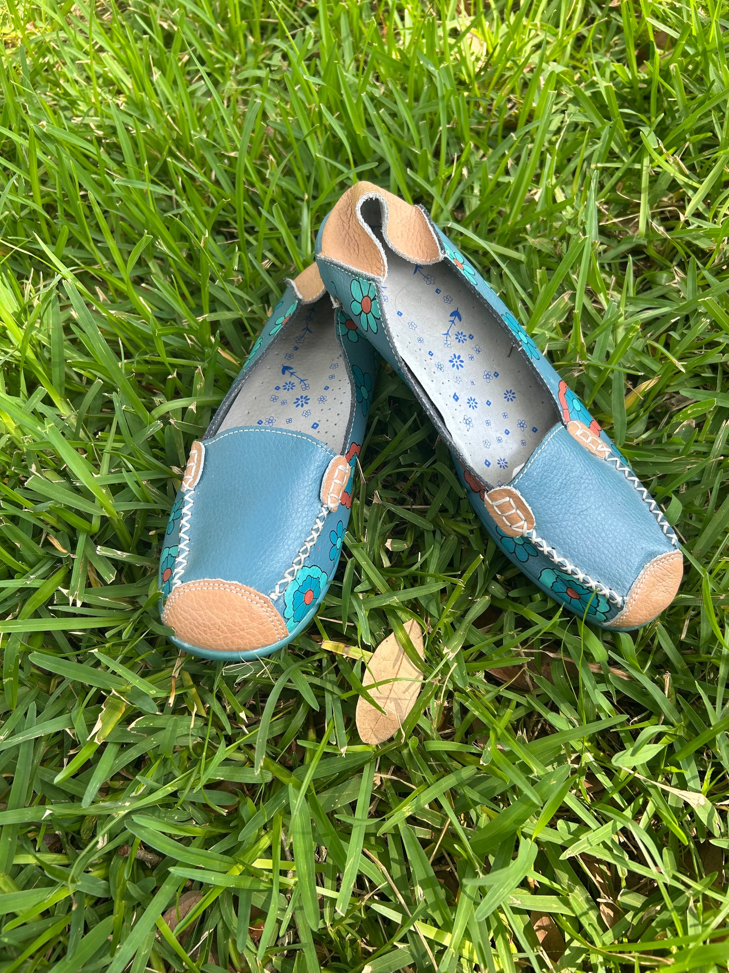 Teal and Tan Floral Slip-On Leather Loafers