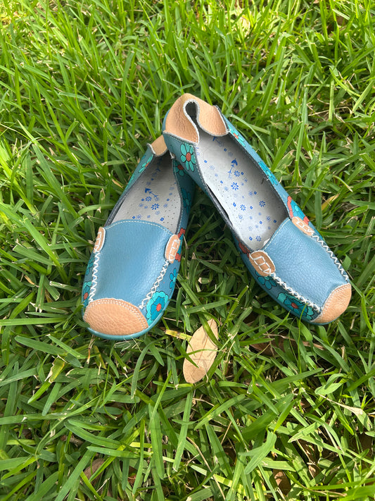 Teal and Tan Floral Slip-On Leather Loafers