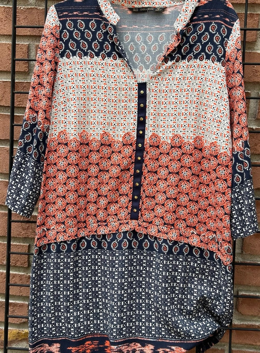 Zara Navy and Coral Mixed Print Shirt Dress