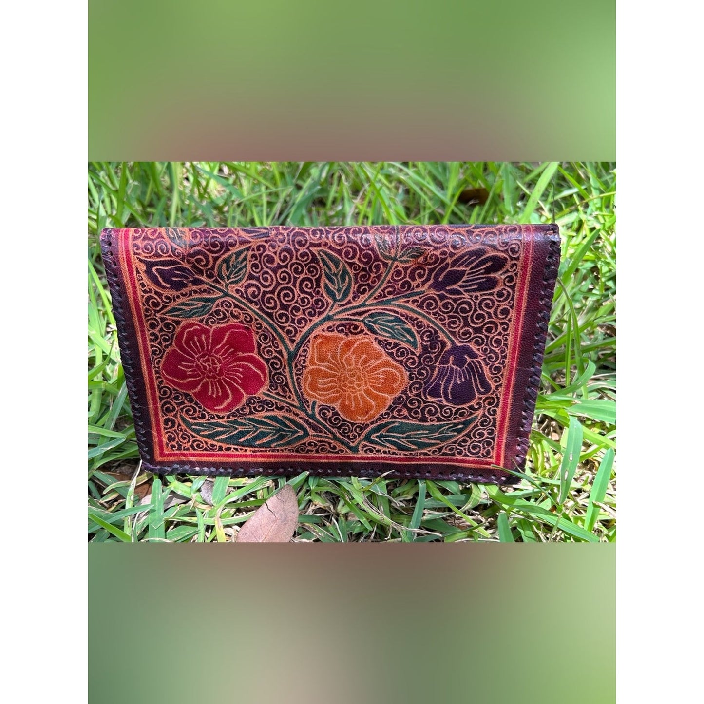 Vintage Handcrafted Leather Tooled Floral Envelope Leather Clutch - Red & Brown