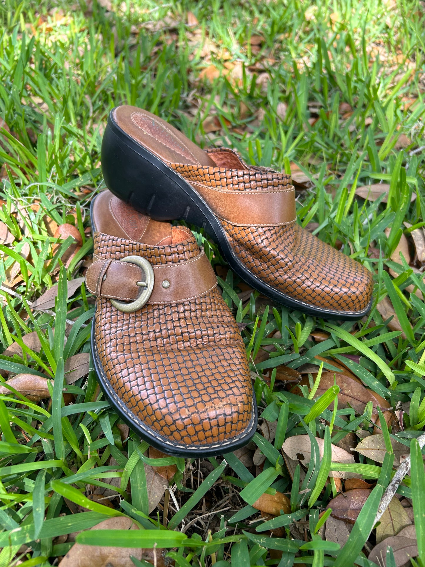 Clarks Artisan Tan Woven Leather Mules with Buckle