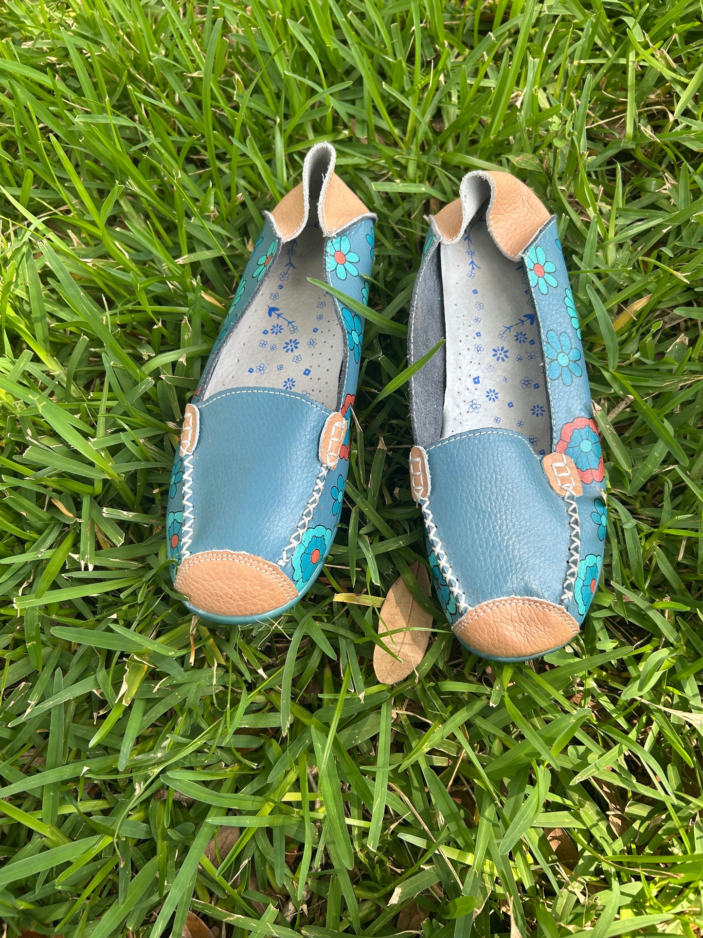 Teal and Tan Floral Slip-On Leather Loafers