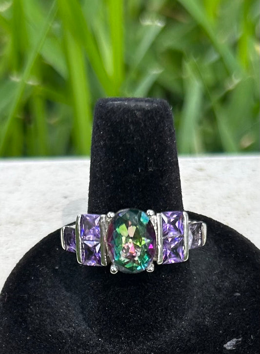 925 Sterling Silver Rainbow & Amethyst Ring