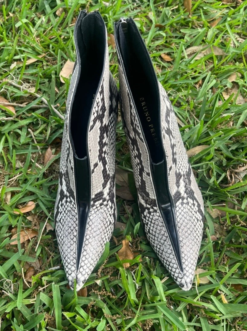 Bruno Premi Snakeskin Heeled Booties