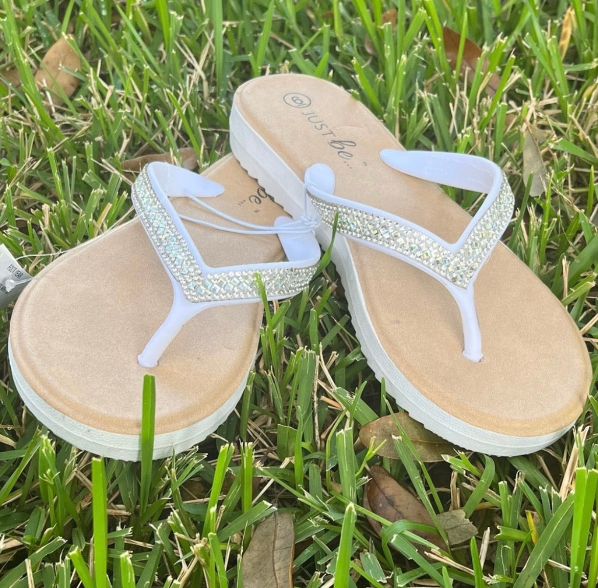 White Rhinestone Flip Flops