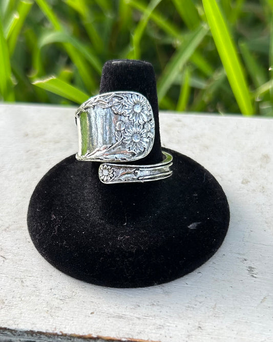Silver Filled Spoon Ring with Sunflower Pattern