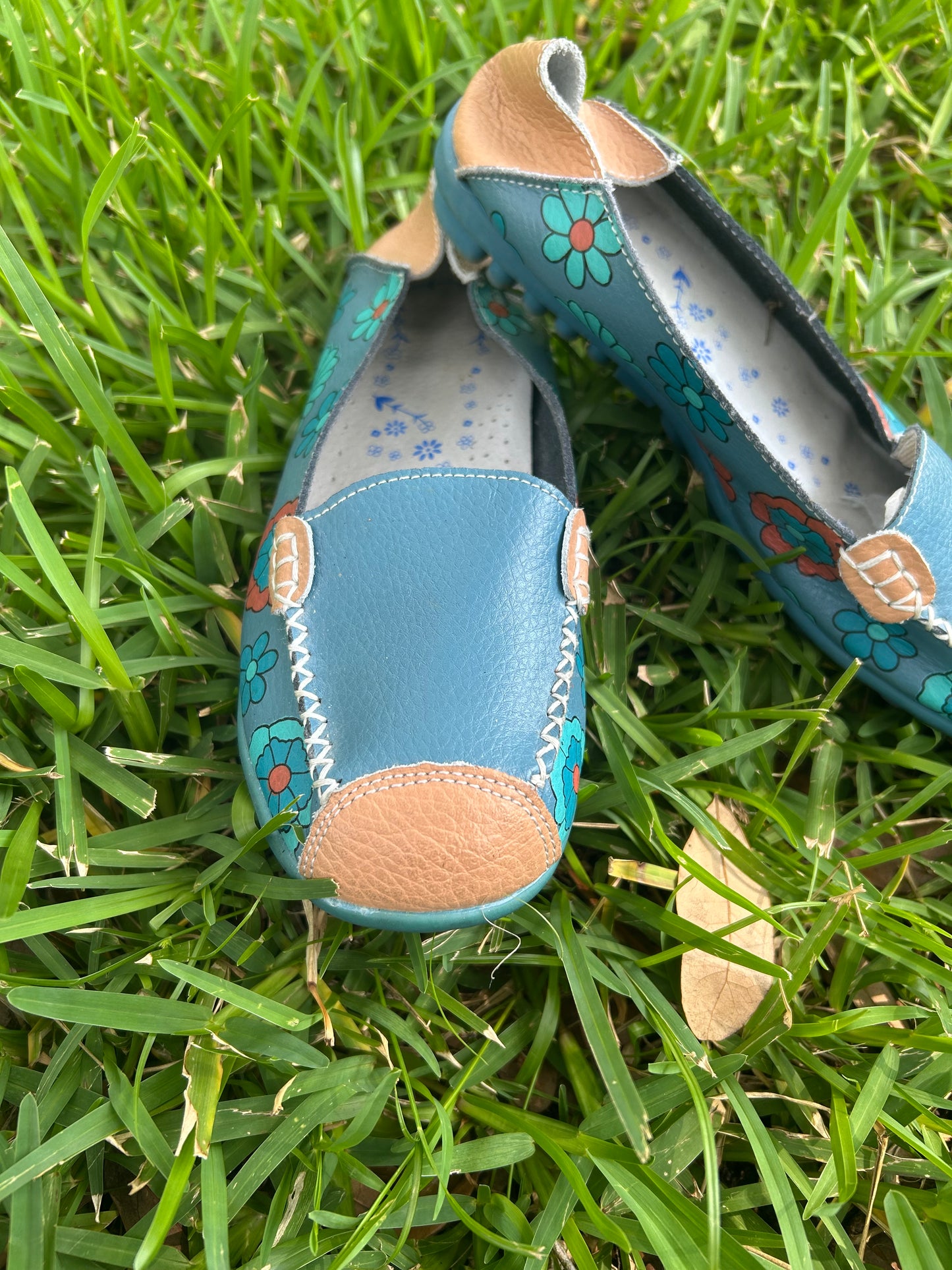 Teal and Tan Floral Slip-On Leather Loafers
