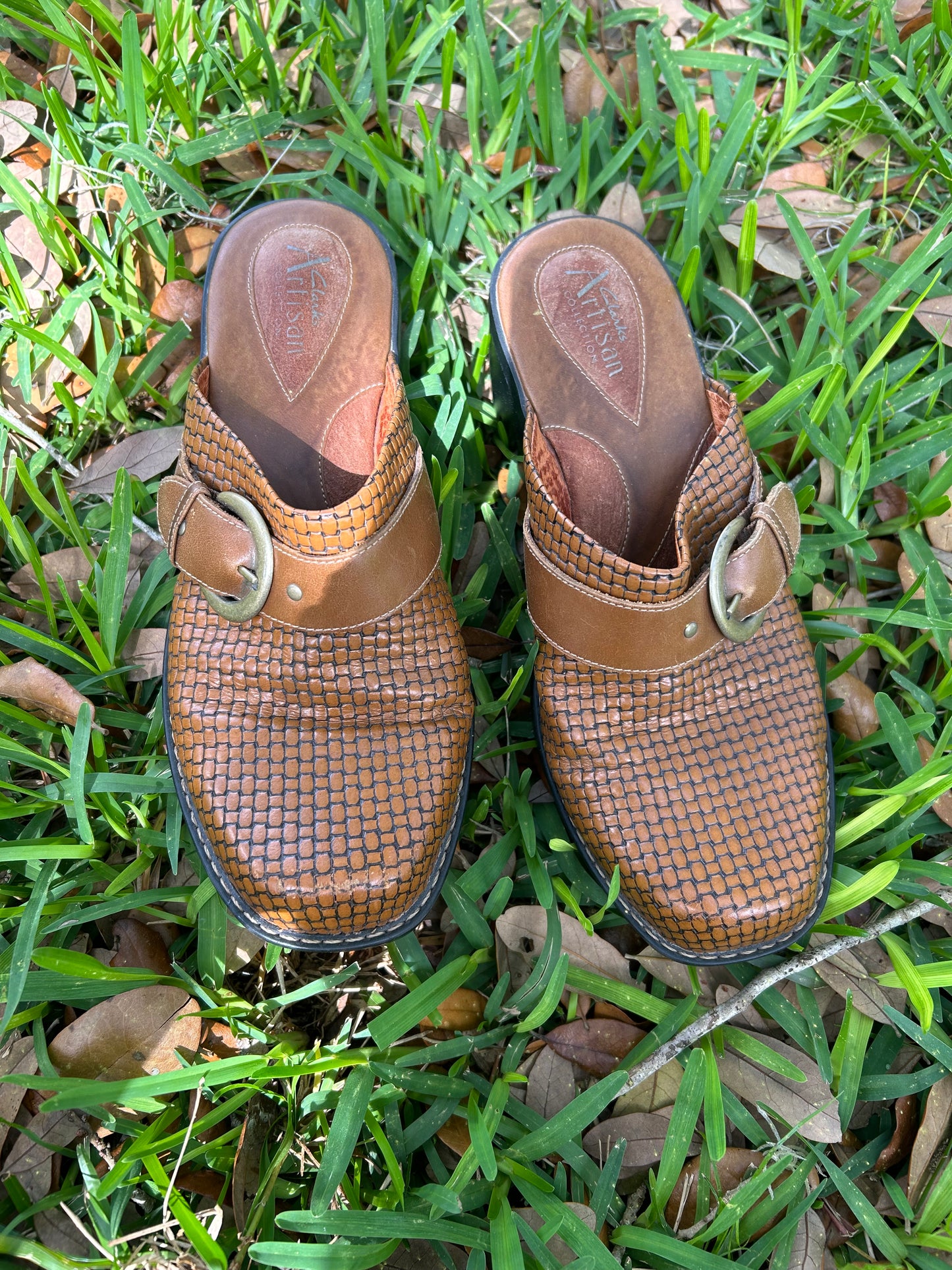 Clarks Artisan Tan Woven Leather Mules with Buckle