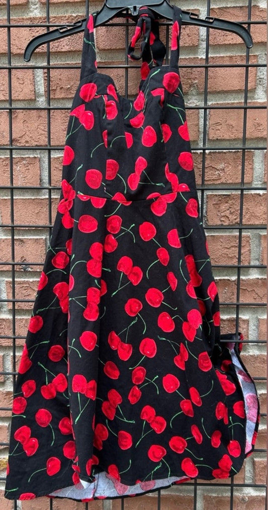 Topdress Black Halter Dress with Red Cherry Print