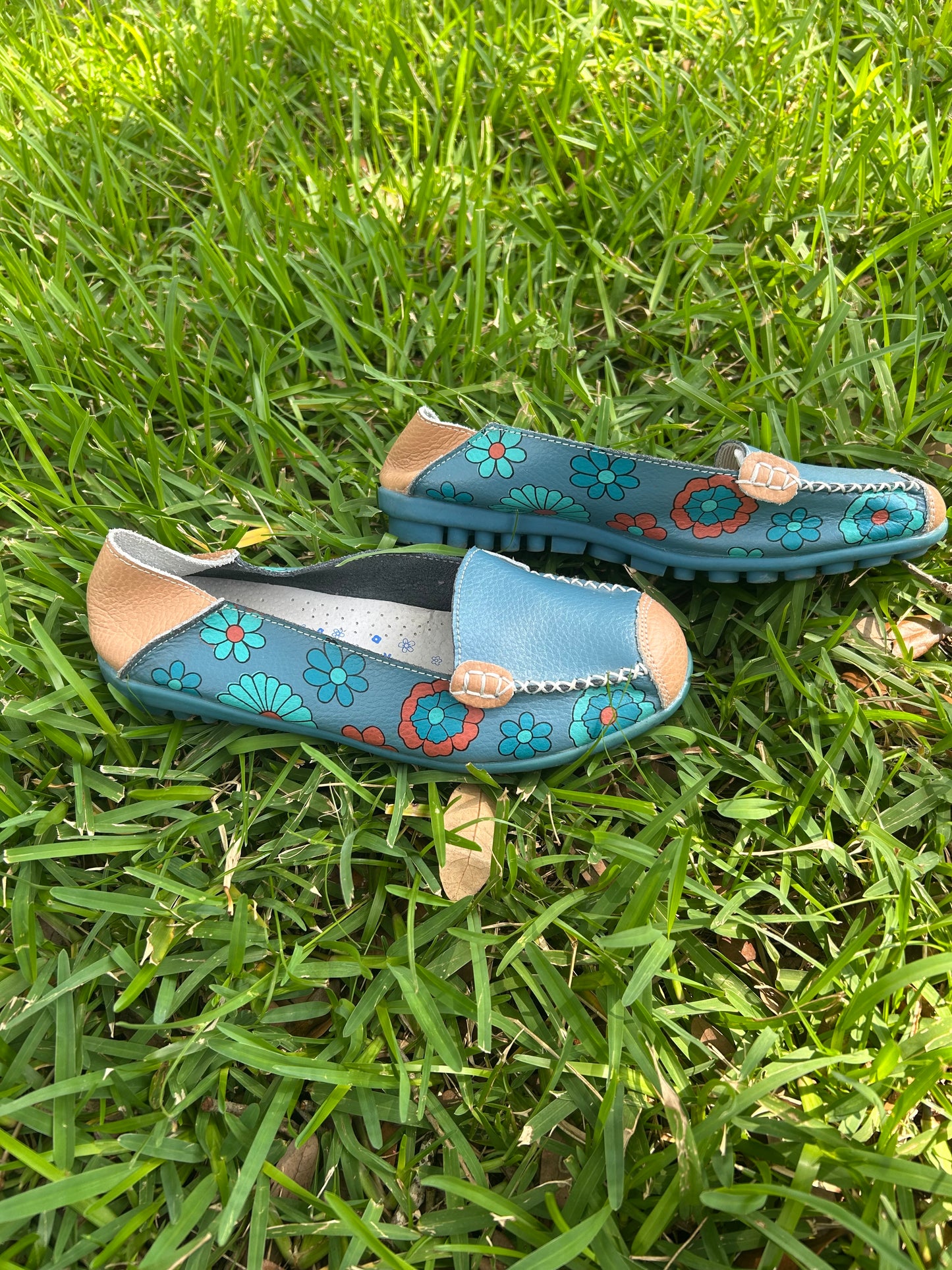 Teal and Tan Floral Slip-On Leather Loafers