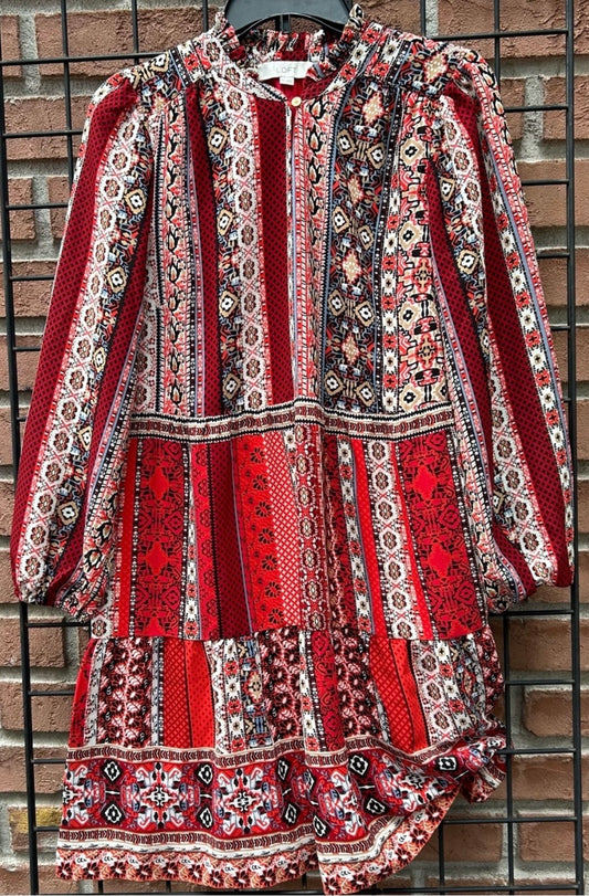 LOFT Red Multi-Pattern Boho Long Sleeve Dress