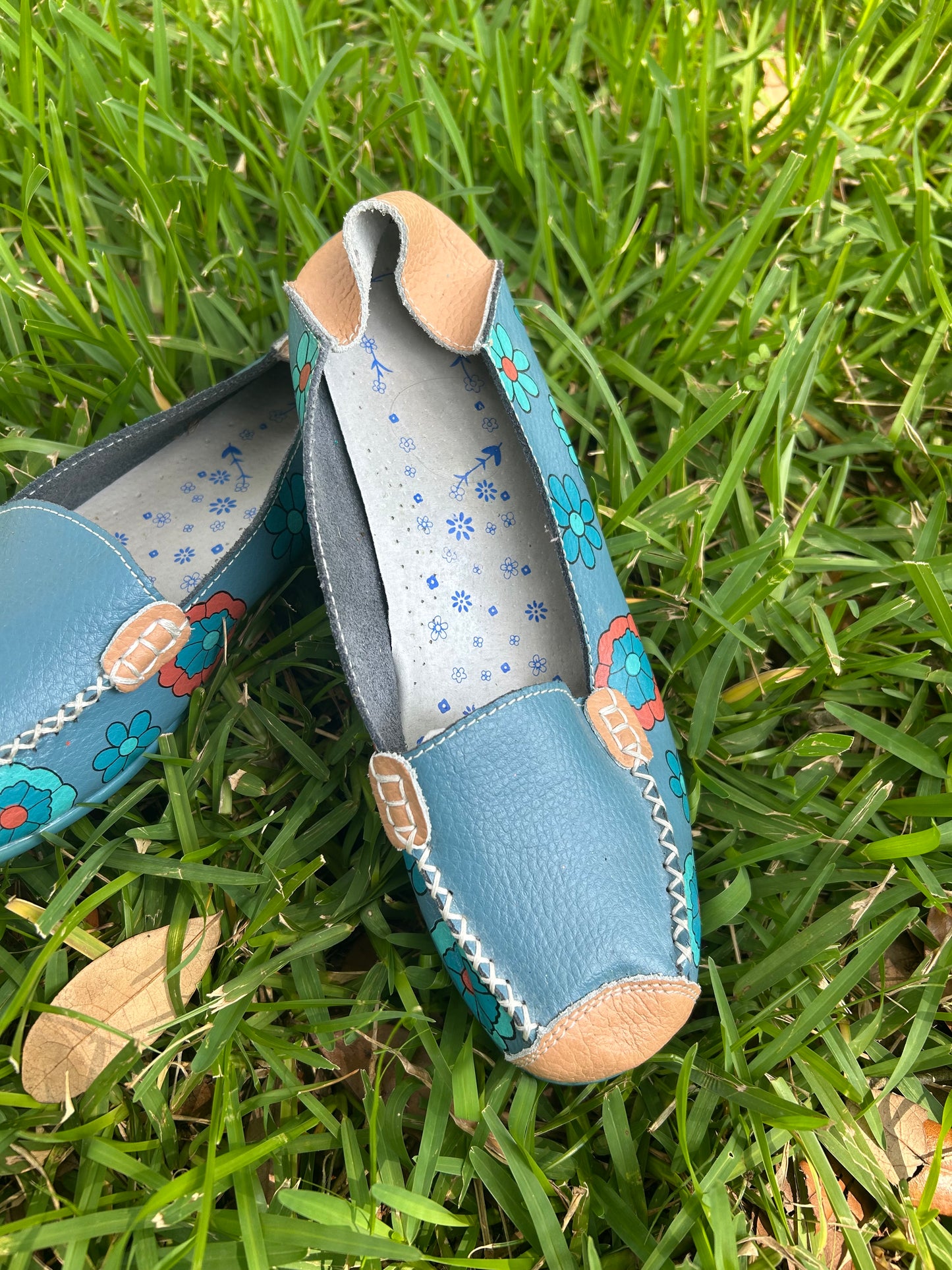 Teal and Tan Floral Slip-On Leather Loafers