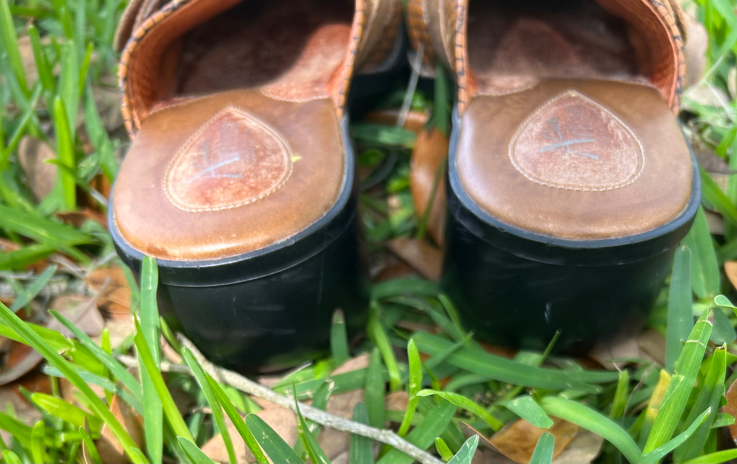 Clarks Artisan Tan Woven Leather Mules with Buckle