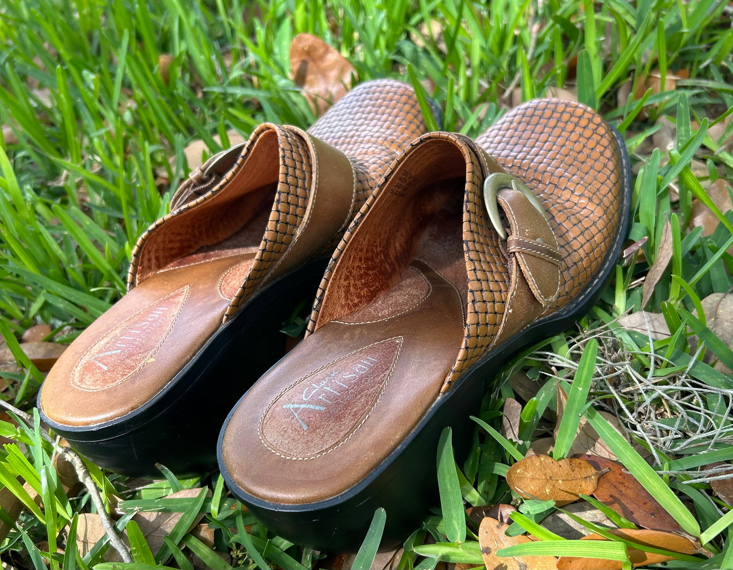 Clarks Artisan Tan Woven Leather Mules with Buckle