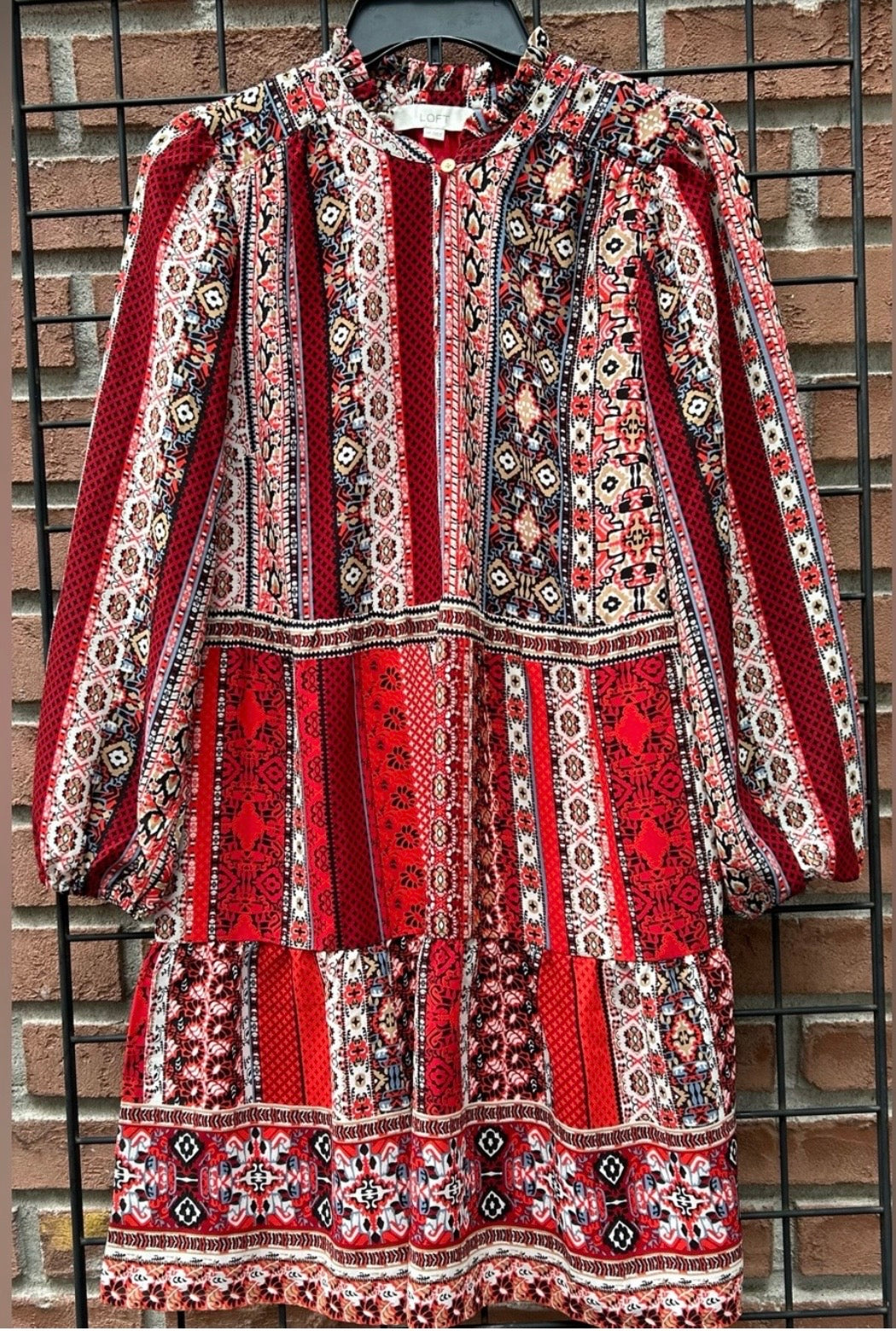 LOFT Red Multi-Pattern Boho Long Sleeve Dress