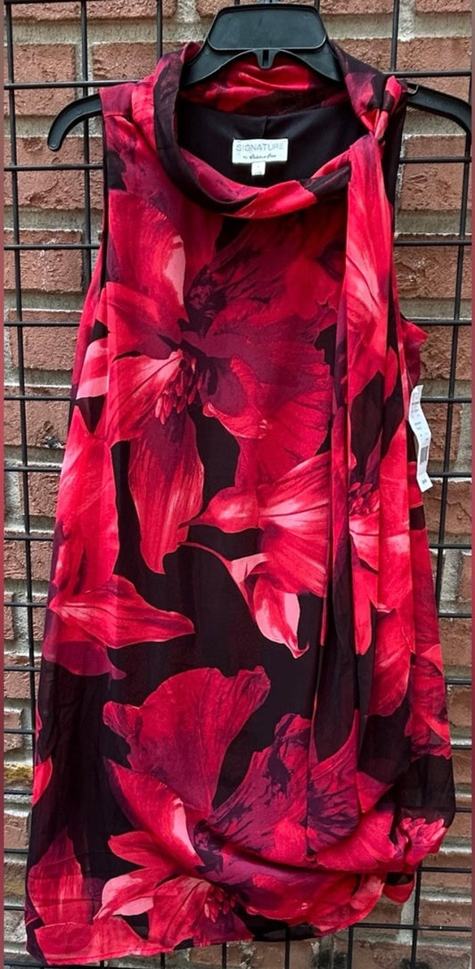 Signature by Robbie Bee Red and Black Floral Sleeve Less Dress