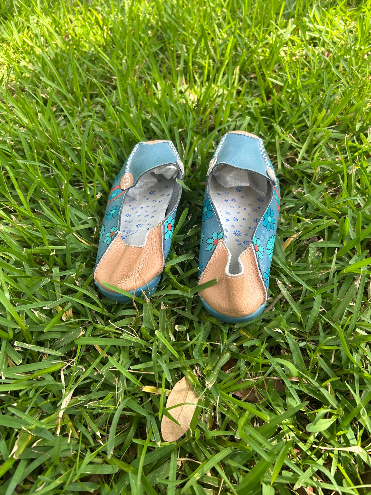 Teal and Tan Floral Slip-On Leather Loafers