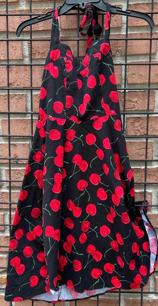 Topdress Black Halter Dress with Red Cherry Print