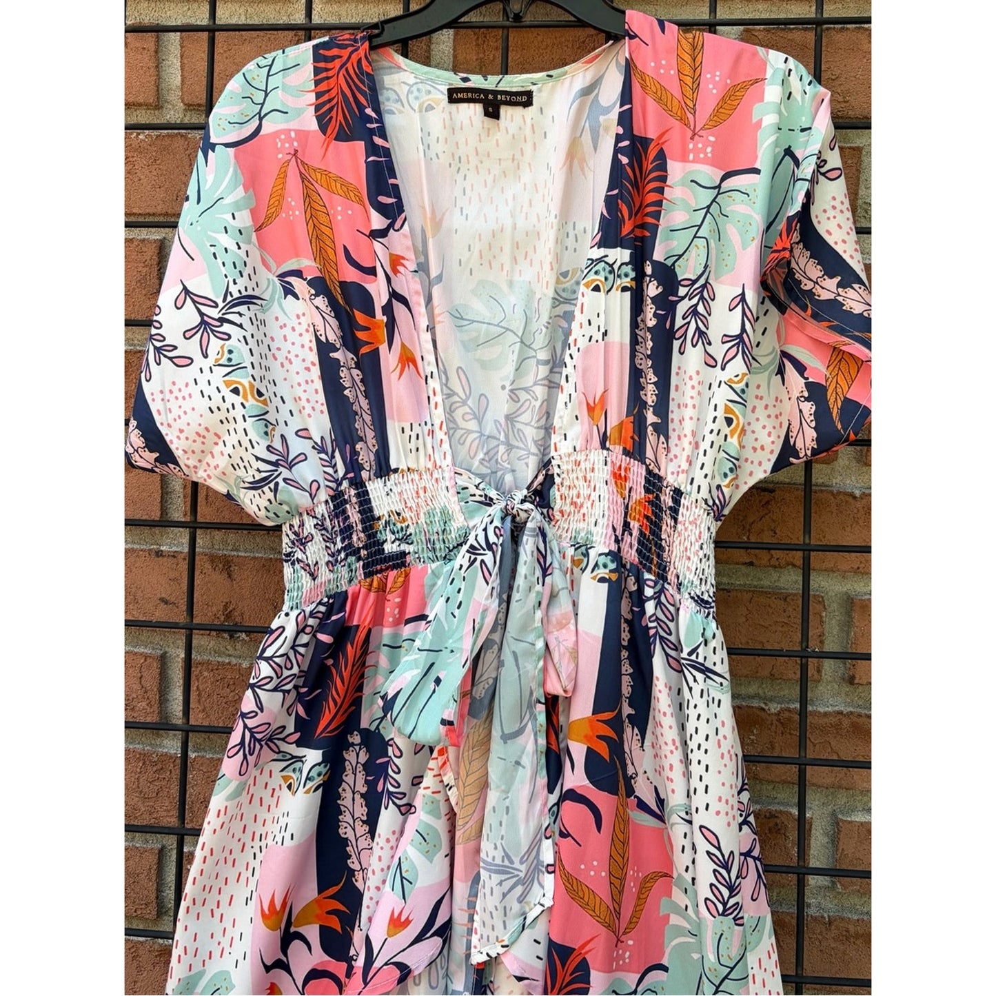 Floral Tie-Front Ruffle Kimono in Pink, Navy & Mint