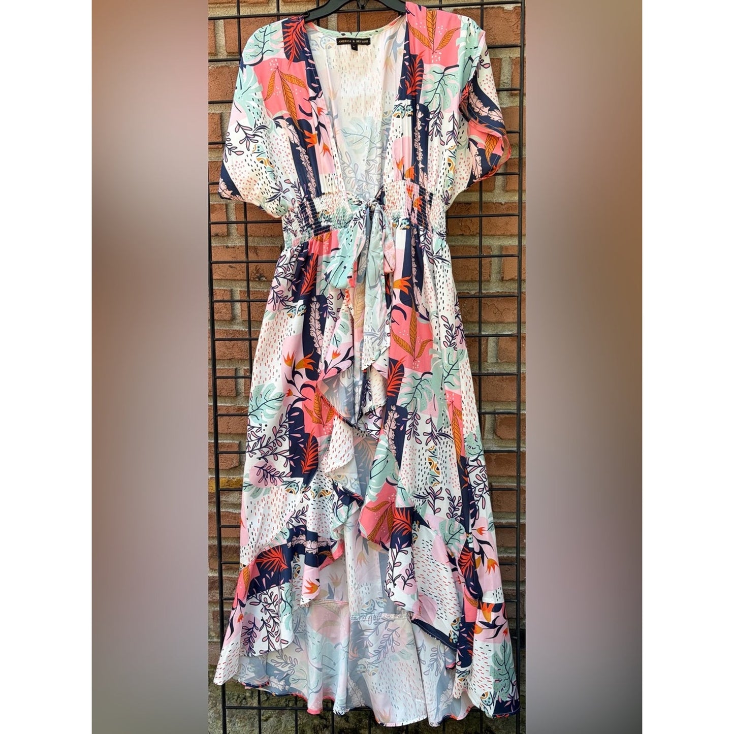 Floral Tie-Front Ruffle Kimono in Pink, Navy & Mint