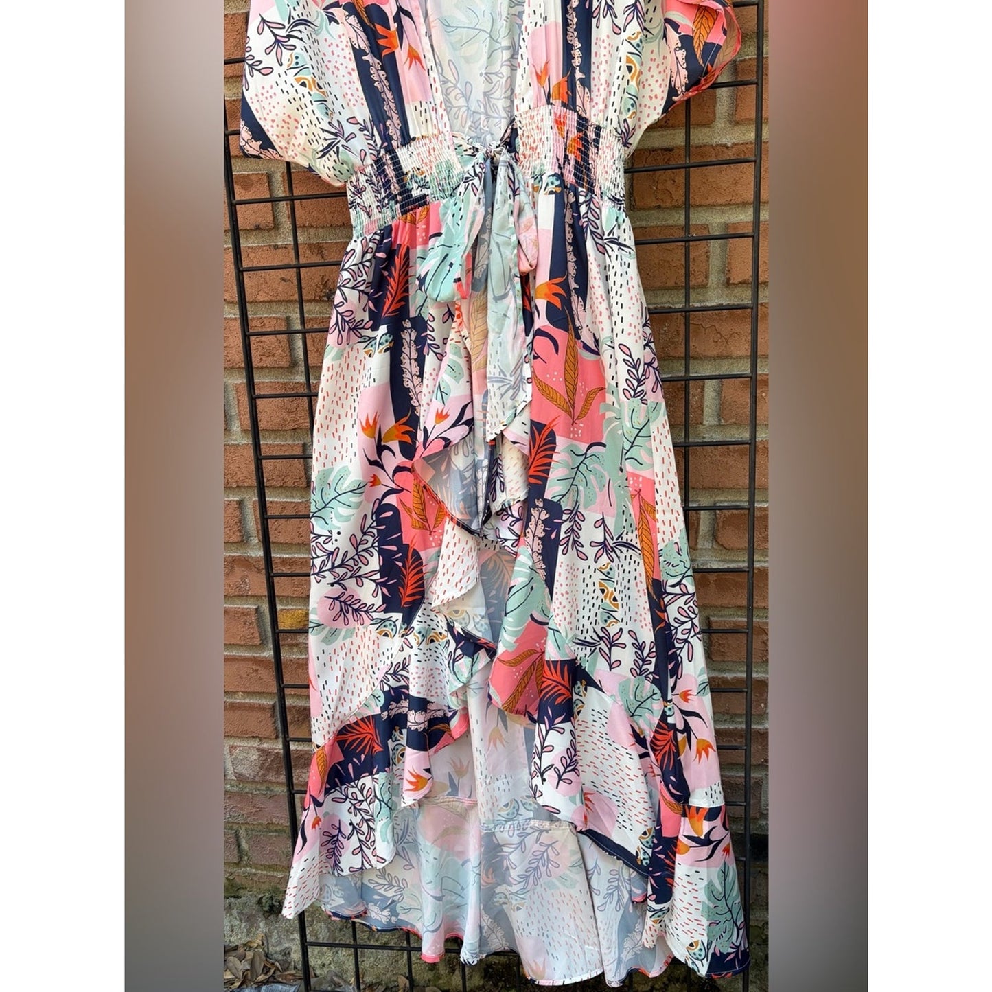 Floral Tie-Front Ruffle Kimono in Pink, Navy & Mint