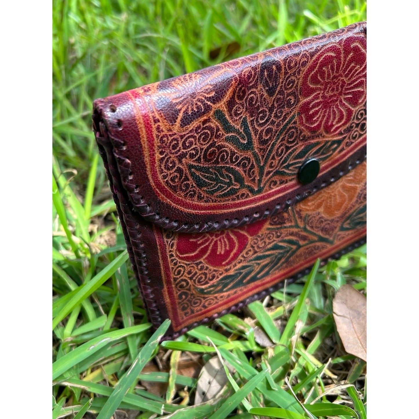 Vintage Handcrafted Leather Tooled Floral Envelope Leather Clutch - Red & Brown