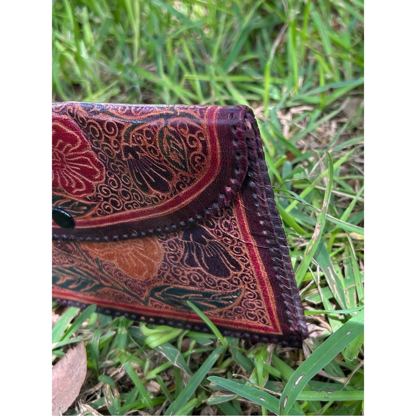 Vintage Handcrafted Leather Tooled Floral Envelope Leather Clutch - Red & Brown