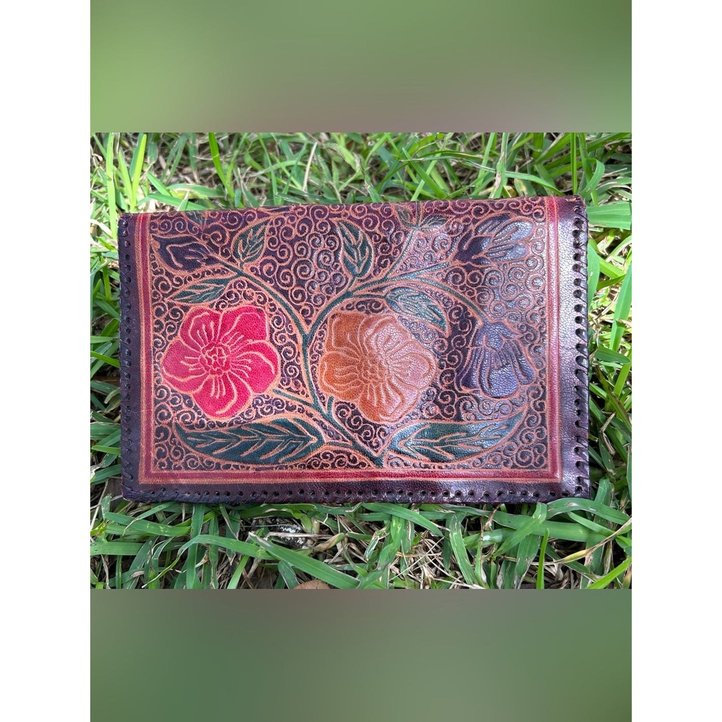Vintage Handcrafted Leather Tooled Floral Envelope Leather Clutch - Red & Brown