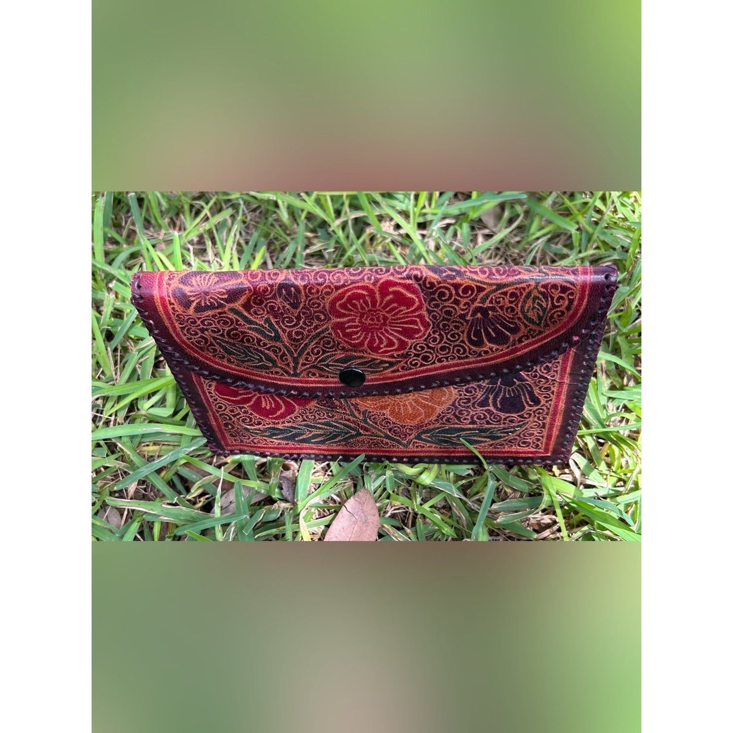 Vintage Handcrafted Leather Tooled Floral Envelope Leather Clutch - Red & Brown
