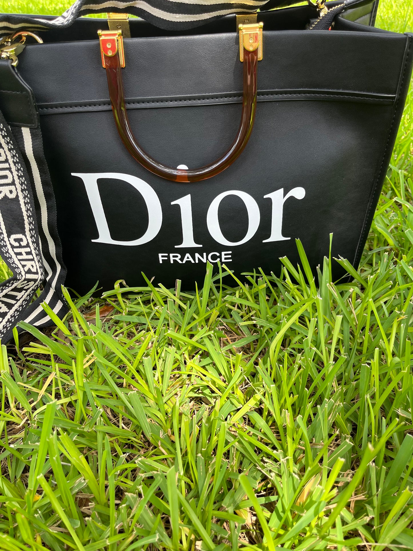 Black and White Dior Tote with Removable Strap